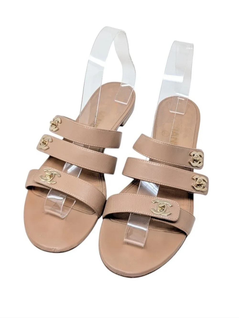 Chanel Beige Nude Interlocking CC Silver Turnlock Slide Mule Sandals Size EU 39